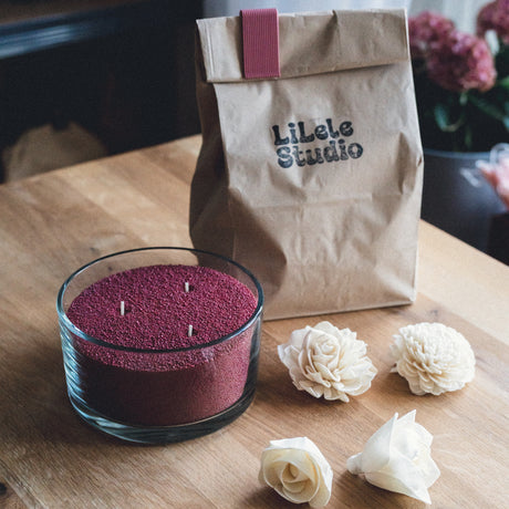 Lilele Studio beramā sveču vaska komplekts bordo krāsā ar stikla trauku