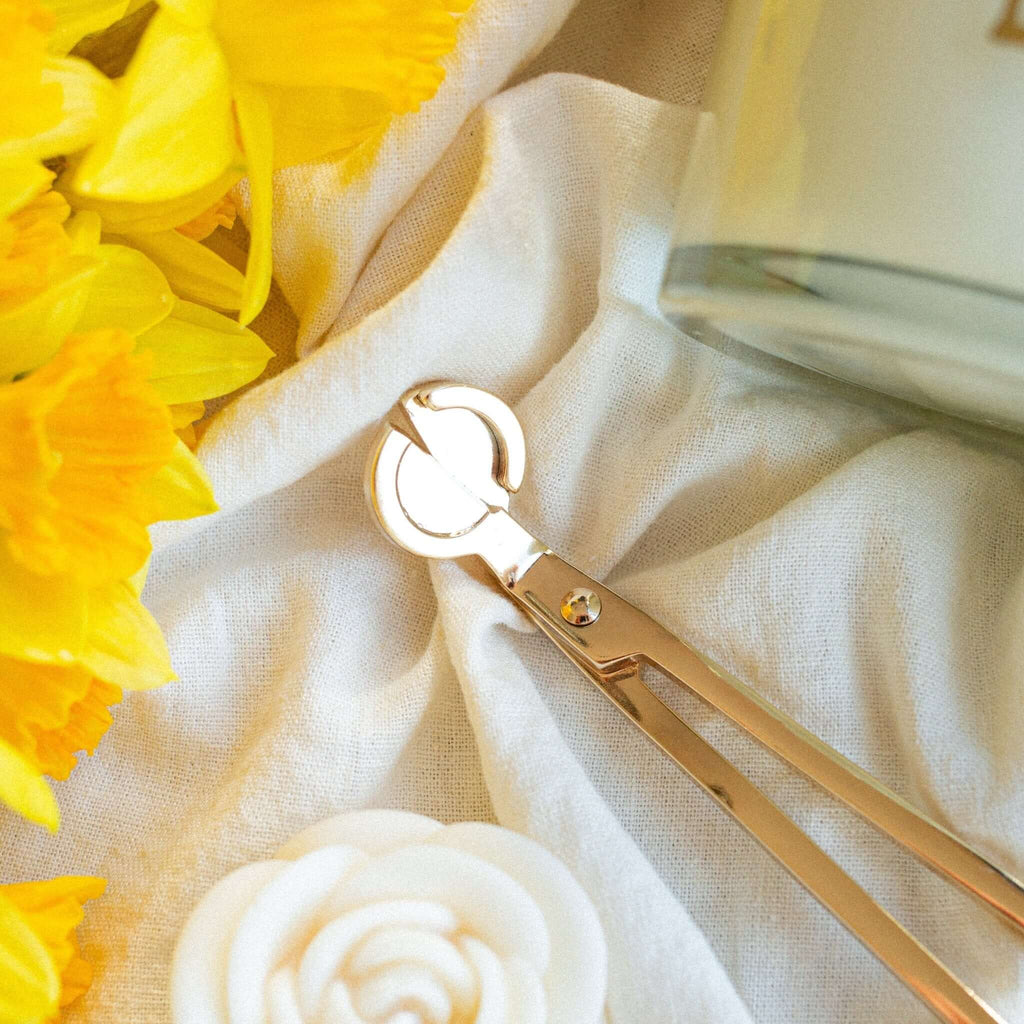 Close-up of candle wick trimmer showing sharp blades and polished finish