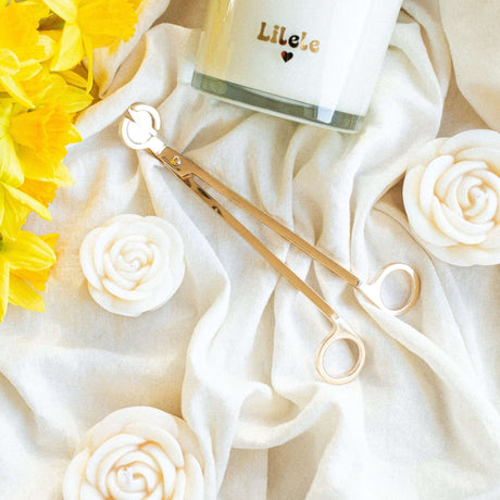 Metal candle wick trimmer with long handles and angled cutting blades