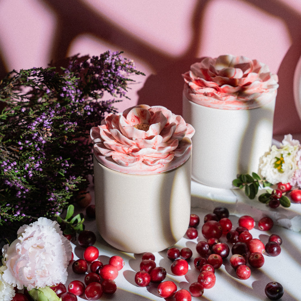 Handmade soy wax candle with Cranberry Woods fragrance in white gypsum jar