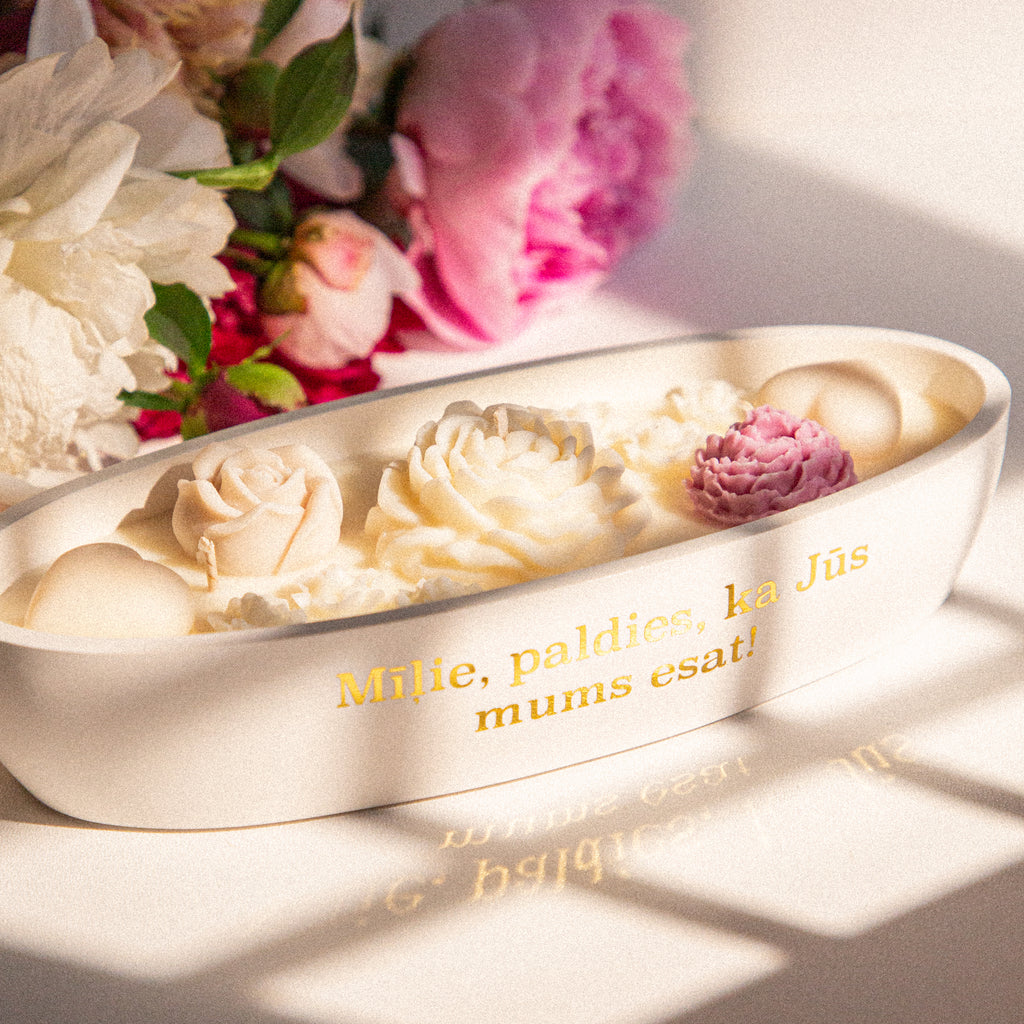 Custom scented soy wax candle with flower embeds