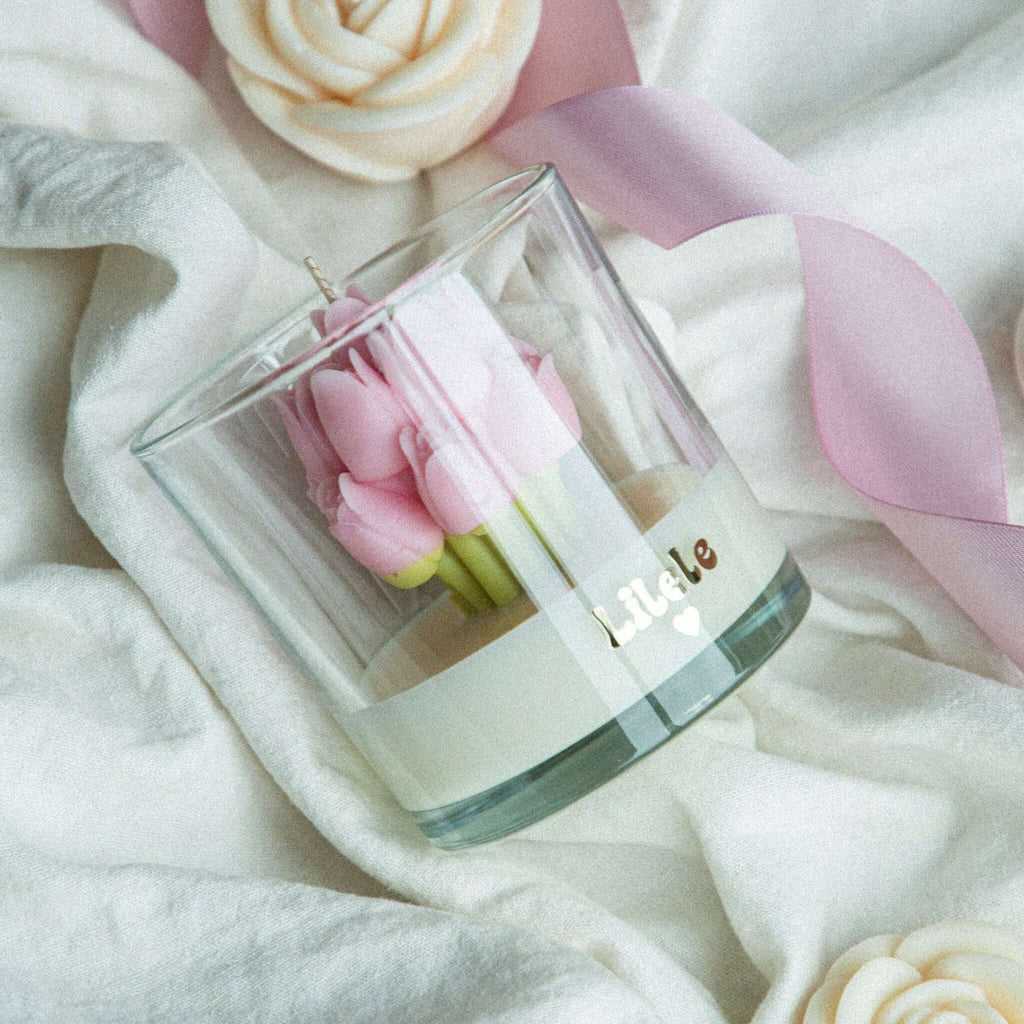 Eco-friendly soy wax candle featuring light pink tulip design, perfect for a feminine gift
