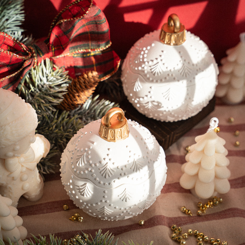 Stylized white Christmas ornament candle, handmade for home decoration