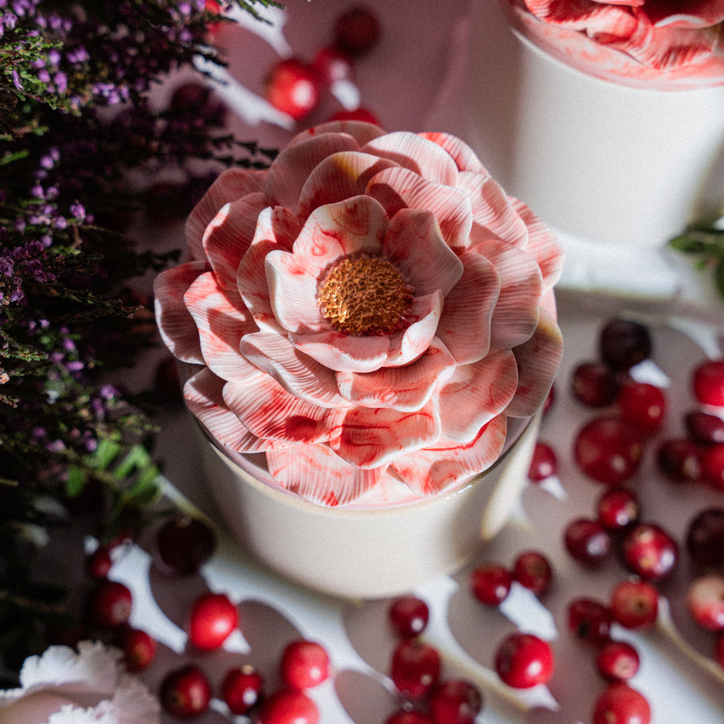 Soy wax candle with cranberry, fir, and pine scent in handmade jar