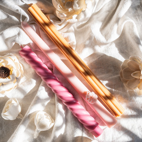 Rosy Haze Rapeseed Wax Taper Candles with Flower Appliqué